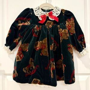 Vintage Good Lad Teddy Bear Velvet Dress 18M Holiday Lace Collar Made in USA